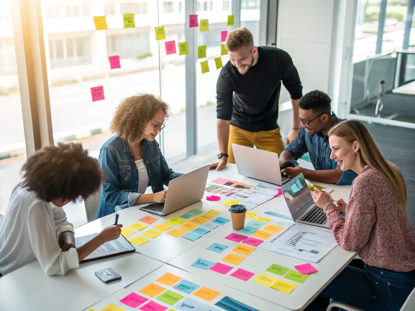 An image showcasing a team brainstorming digital marketing strategies around a table, representing BELMALHOUZ SERVICES LLC's collaborative approach to creating effective digital strategies for clients.