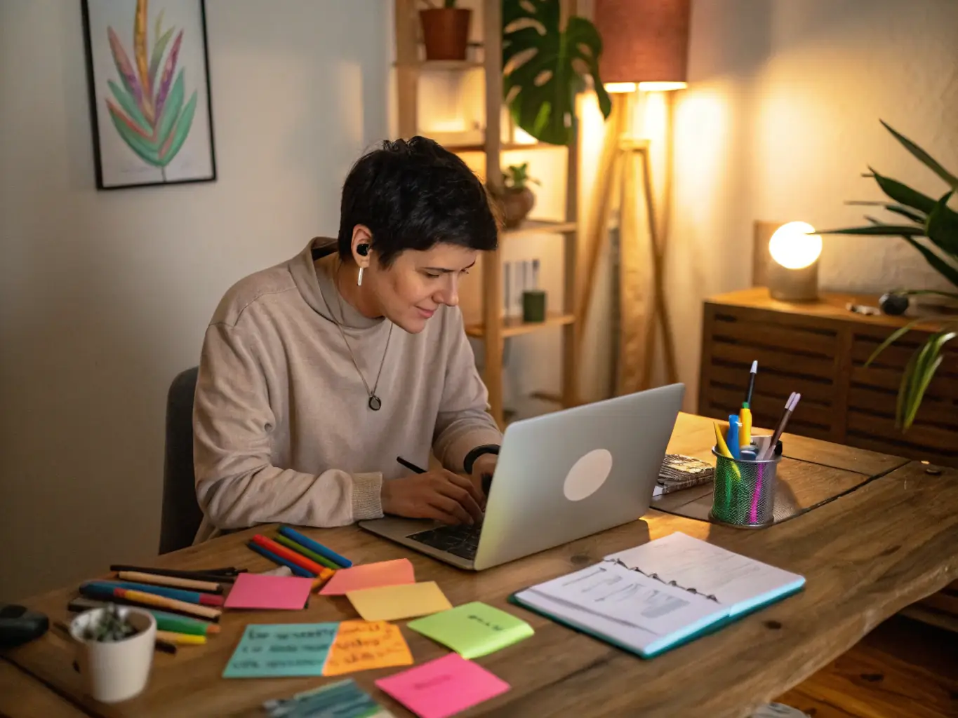 An image depicting a content creator working on a laptop surrounded by creative materials, symbolizing BELMALHOUZ SERVICES LLC's focus on producing high-quality, relevant content.