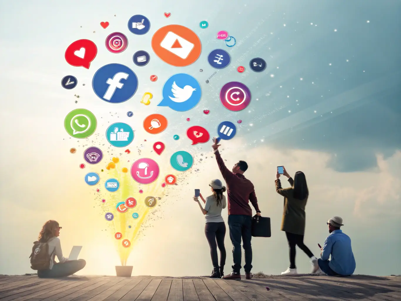 An engaging image depicting various social media icons and content being shared across different platforms, highlighting the power of social media marketing.