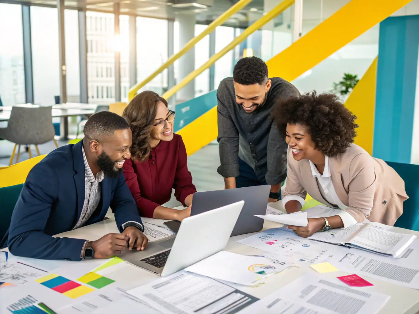 A visually appealing image showcasing a team brainstorming digital marketing strategies in a modern office setting, emphasizing collaboration and innovation.